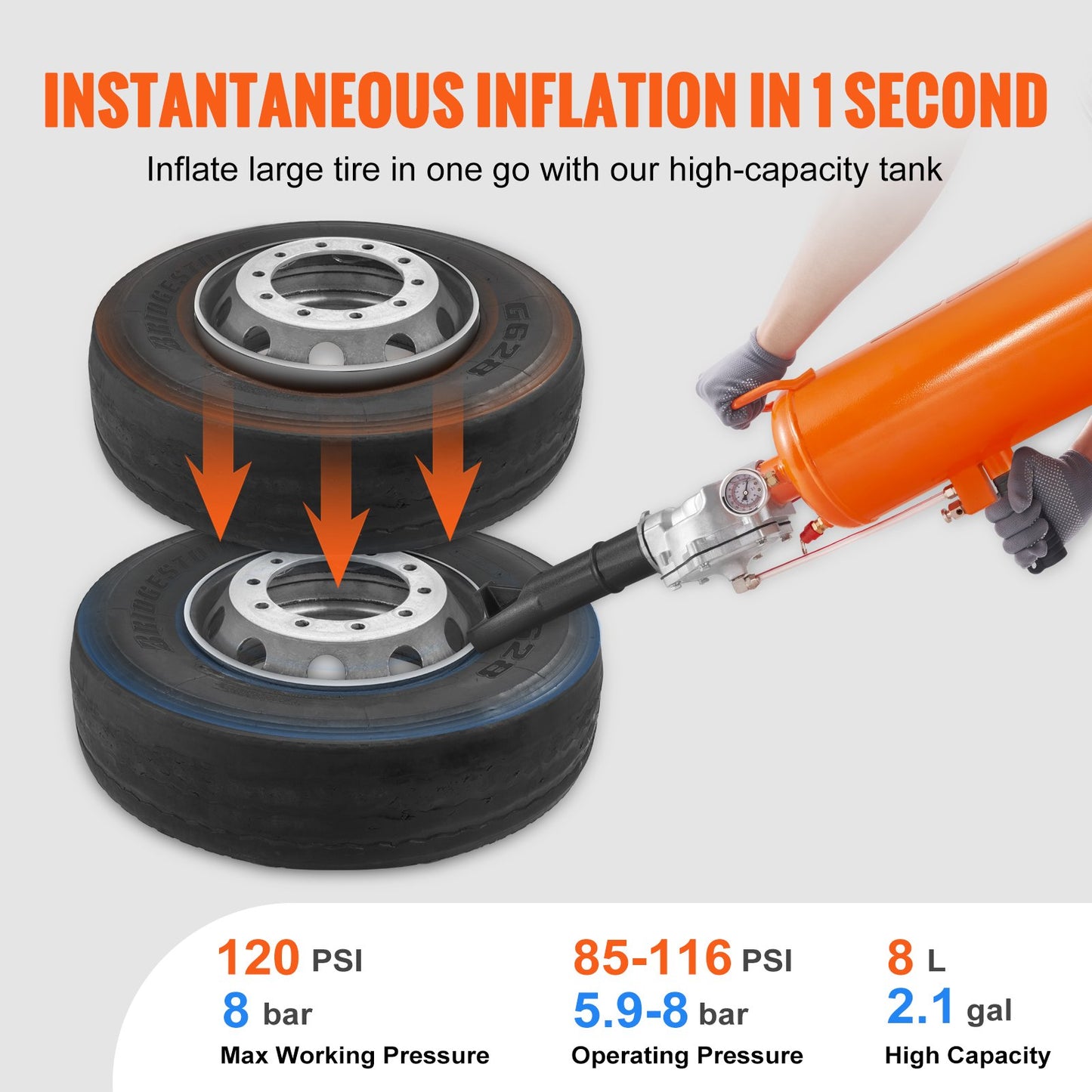 VEVOR Tire Bead Seater, 2.1 Gal/8 L Air Tire Bead Blaster, 120 PSI Handheld Bead Bazooka, Upgraded Portable Tire Inflator Tool, 85-116 PSI Operating Pressure for Tractor Truck ATV Car