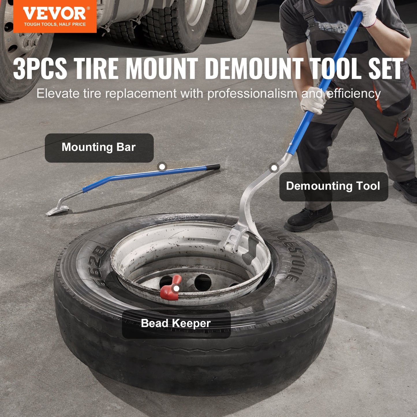 VEVOR Tire Mount Demount Tool, 571-622 mm Manual Steel Tire Changer Mount Demount Removal Tool, with Extra Bead Keeper, Tubeless Truck Bead Breaker, 3 PCS Tire Changing Tools, Orange
