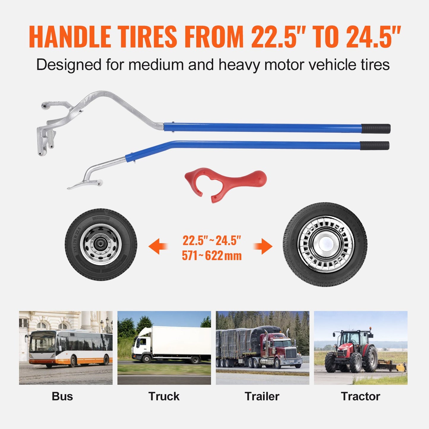 VEVOR Tire Mount Demount Tool, 571-622 mm Manual Steel Tire Changer Mount Demount Removal Tool, with Extra Bead Keeper, Tubeless Truck Bead Breaker, 3 PCS Tire Changing Tools, Orange