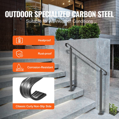 VEVOR Handrails for Outdoor Steps, Fit 1-3 Steps Wrought Iron Handrail, Outdoor Stair Railing, Adjustable Front Porch Hand Rail, Black Transitional Hand railings for Concrete Steps or Wooden Stairs