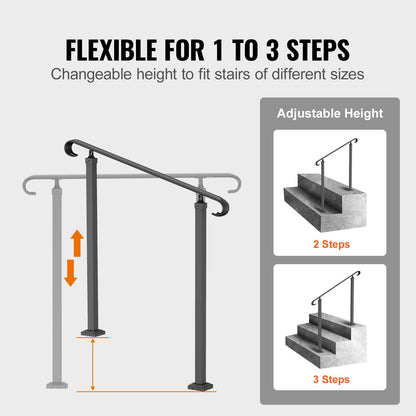 VEVOR Handrails for Outdoor Steps, Fit 1-3 Steps Outdoor Stair Railing, Wrought Iron Handrail, Adjustable Front Porch Hand Rail, Black Transitional Hand railings for Concrete Steps or Wooden Stairs
