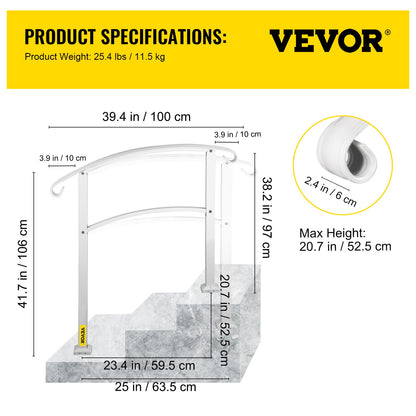 VEVOR 3-Step Handrails for Outdoor Steps Fits 1 or 3 Steps Matte White Stair Rail Wrought Iron Handrail with Installation Kit Hand Rails for Outdoor Step