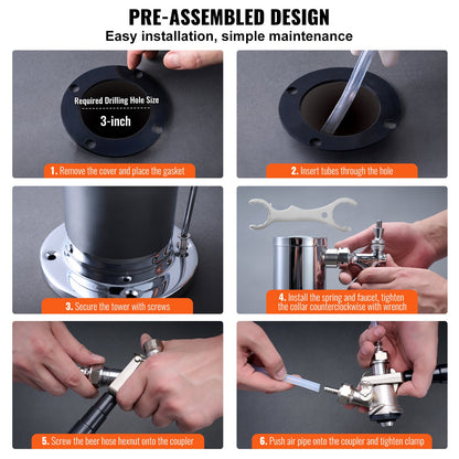 VEVOR Kegerator Tower Kit, Dual Taps Beer Conversion Kit, Stainless Steel Keg Beer Tower Dispenser with Dual Gauge W21.8 Regulator & A-System Keg Coupler, Beer Drip Tray for Party Home