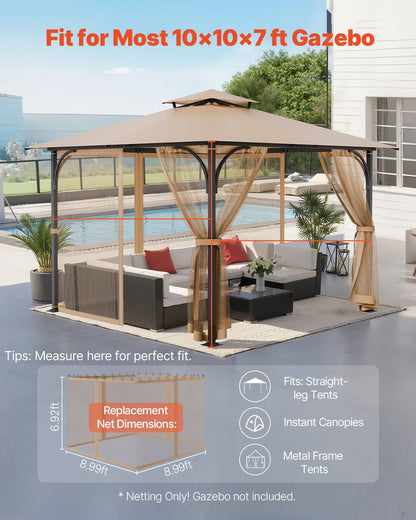 Gazebo Netting Replacement, Fit Most 10 x 10 x 7 FT Gazebo Curtain, Outdoor Garden Net, 4-Panel Sidewall Mesh Net, Patio Midge Netting with Double Zipper, Canopy Screen (Netting Only)