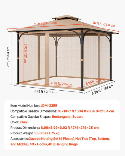 Gazebo Netting Replacement, Fit Most 10 x 10 x 7 FT Gazebo Curtain, Outdoor Garden Net, 4-Panel Sidewall Mesh Net, Patio Midge Netting with Double Zipper, Canopy Screen (Netting Only)