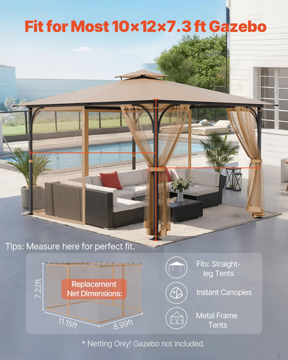 Gazebo Netting Replacement, Fit Most 10 x 12 x 7.3 FT Gazebo, Outdoor Garden Gazebo Net, 4-Panel Sidewall Mesh Gazebo Curtain, Patio Midge Netting with Double Zipper, Canopy Screen (Netting Only)