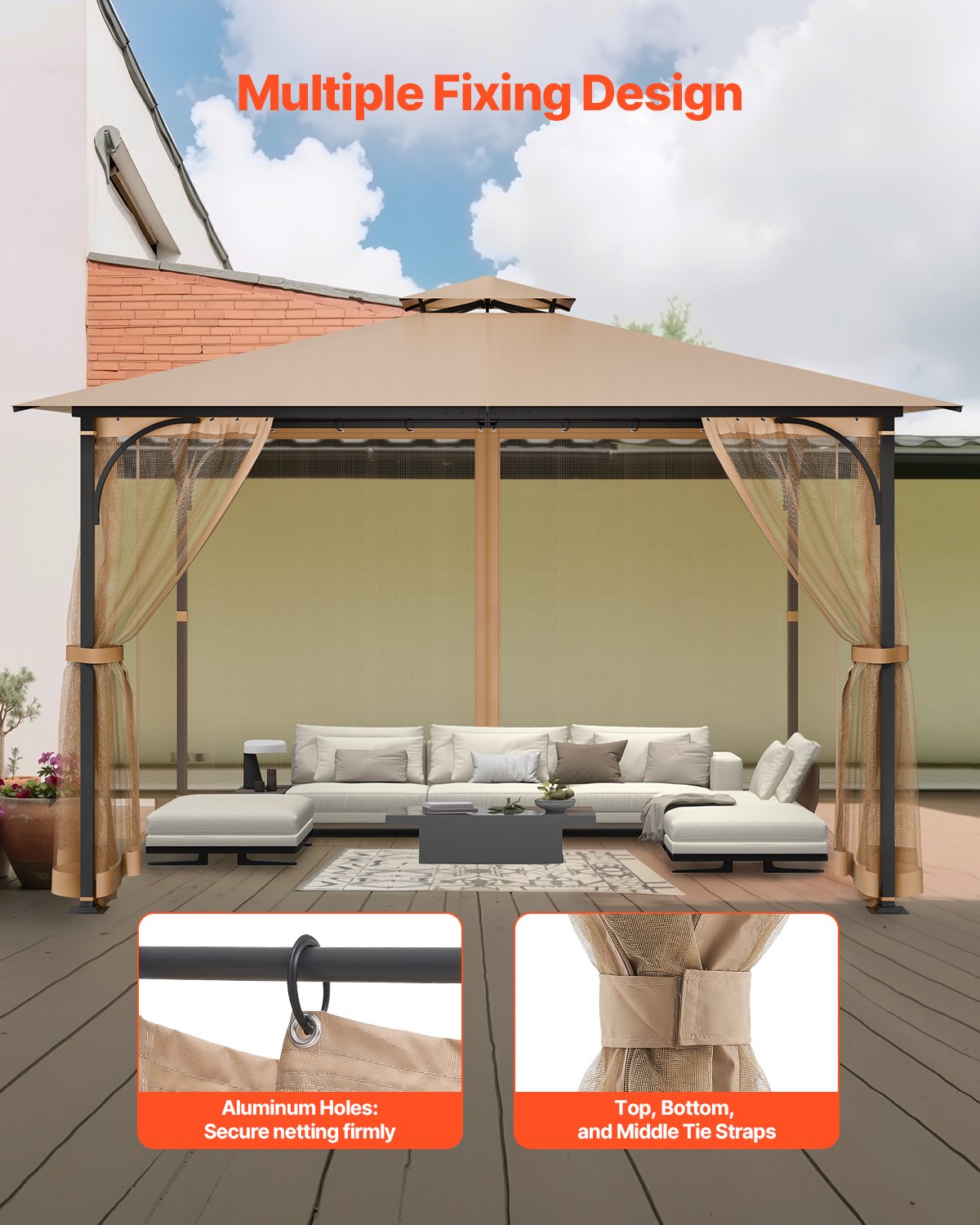 Gazebo Netting Replacement, Fit Most 10 x 12 x 7.3 FT Gazebo, Outdoor Garden Gazebo Net, 4-Panel Sidewall Mesh Gazebo Curtain, Patio Midge Netting with Double Zipper, Canopy Screen (Netting Only)