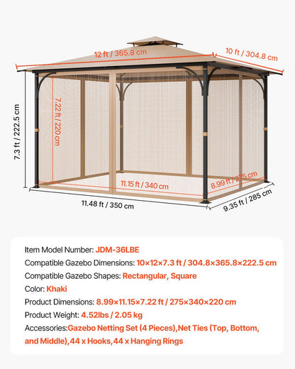 Gazebo Netting Replacement, Fit Most 10 x 12 x 7.3 FT Gazebo, Outdoor Garden Gazebo Net, 4-Panel Sidewall Mesh Gazebo Curtain, Patio Midge Netting with Double Zipper, Canopy Screen (Netting Only)