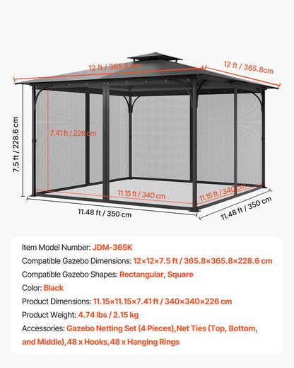 Gazebo Netting Replacement, Fit Most 12 x 12 x 7.5 FT Gazebo Curtain, Outdoor Garden Net, 4-Panel Sidewall Mesh Net, Patio Midge Netting with Double Zipper, Canopy Screen (Netting Only)