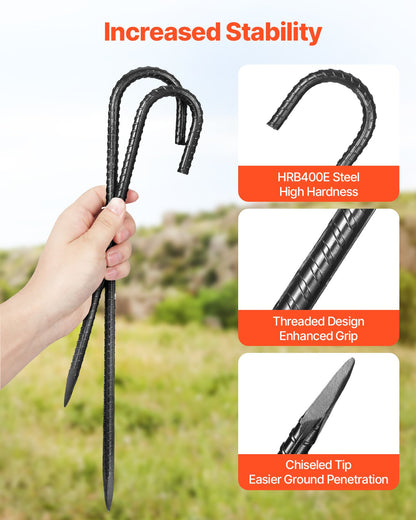 VEVOR Rebar Stakes, 406.4 mm, Heavy-Duty 10 mm Diameter J Hook, Galvanized Steel Ground Anchors with Chisel Point End & Rust-Resistant Coating, for Gardening Support, Fence, Camping Tents (24-Pack)