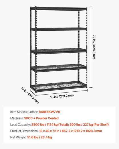 VEVOR Storage Shelves 5 Tier Adjustable Heavy Duty Garage Shelving Unit 1134 kg