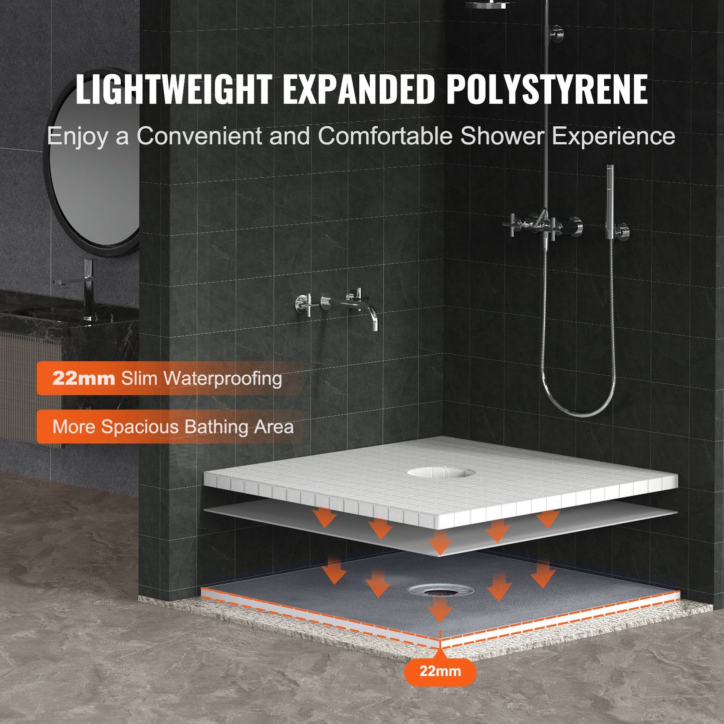 VEVOR Shower Curb Kit, 914x914mm Shower Pan Kit with 160mm Central Drain, Lightweight EPS Shower Installation Kits with 2 Waterproof Cloths, Shower Pan Slope Sticks Fit for Bathroom