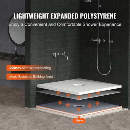 VEVOR Shower Curb Kit, 914x914mm Shower Pan Kit with 160mm Central Drain, Lightweight EPS Shower Installation Kits with 2 Waterproof Cloths, Shower Pan Slope Sticks Fit for Bathroom