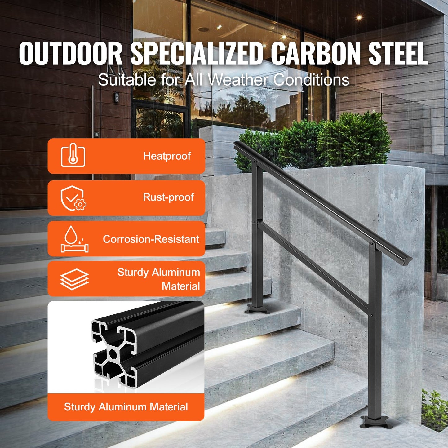 VEVOR Handrail Outdoor Stairs 47.6 X 35.2 Inch Outdoor Handrail Outdoor Stair Railing Adjustable from 0 to 30 Degrees Handrail for Stairs Outdoor Aluminum Black Stair Railing Fit 3-4 Steps