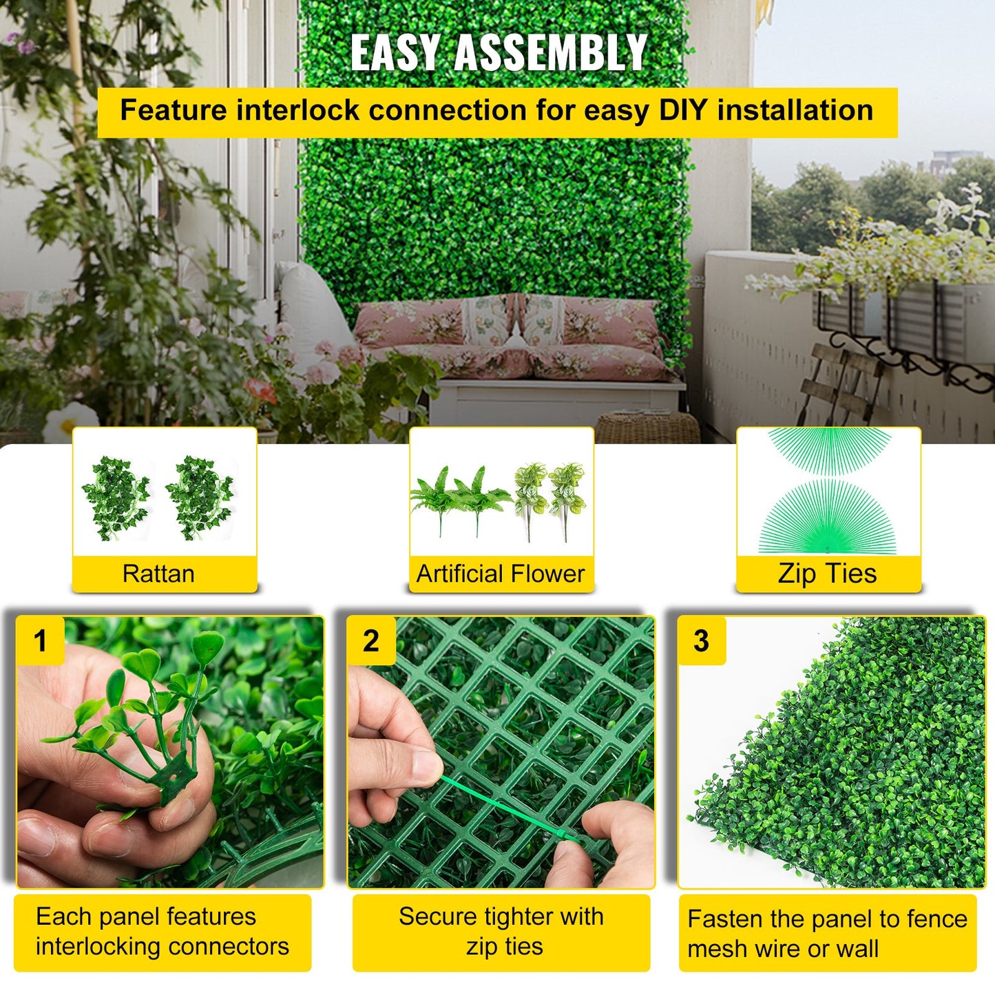 VEVOR Artificial Boxwood Panels, 16 PCS 20"x20" Boxwood Hedge Wall Panels, PE Artificial Grass Backdrop Wall 1.6\", Privacy Hedge Screen for Decoration of Outdoor, Indoor, Garden, Fence, and Backyar