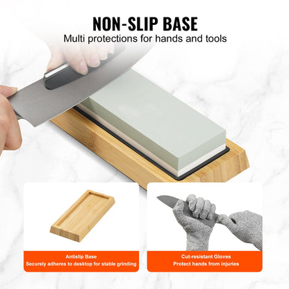 VEVOR Whetstone Knife Sharpening Kit, 2 Dual-Sided Grit Whetstones 400/1000 3000/8000, 10PCS Knife Sharpener Kit with 3 Non-Slip Bases, Angle & Honing Guide, Flattening Stone for All Knives, Scissors