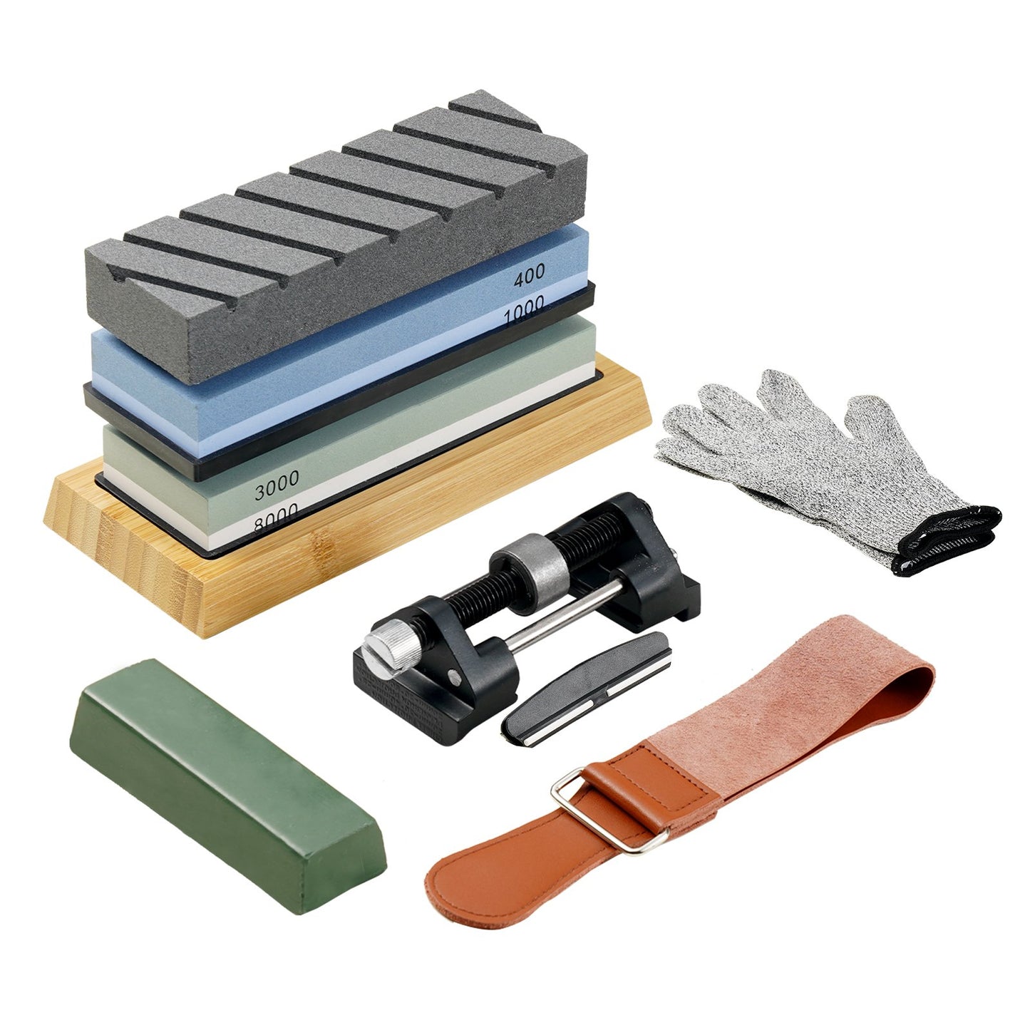 VEVOR Whetstone Knife Sharpening Kit, 2 Dual-Sided Grit Whetstones 400/1000 3000/8000, 10PCS Knife Sharpener Kit with 3 Non-Slip Bases, Angle & Honing Guide, Flattening Stone for All Knives, Scissors