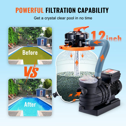 VEVOR Sand Filter Above Ground with 285W Pool Pump 10,000 L/H Flow 6-Way Valve