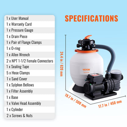 VEVOR Sand Filter Above Ground with 450W Pool Pump 13,000 L/H Flow 6-Way Valve