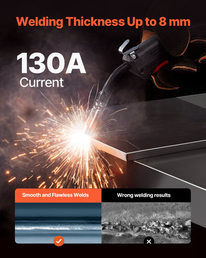 VEVOR MIG Welder 130Amp Gasless Flux Core Mig Welding Machine with IGBT Inverter