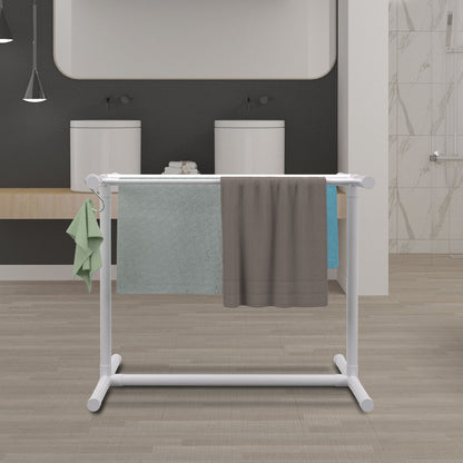 VEVOR Pool Towel Rack, 5 Bar, White, Freestanding Outdoor PVC T-Shape Poolside Storage Organizer, Include 8 Towel Clips, Mesh Bag, Hook, Also Stores Floats and Paddles, for Beach, Swimming Pool, Home