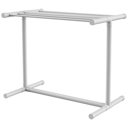 VEVOR Pool Towel Rack, 5 Bar, White, Freestanding Outdoor PVC T-Shape Poolside Storage Organizer, Include 8 Towel Clips, Mesh Bag, Hook, Also Stores Floats and Paddles, for Beach, Swimming Pool, Home