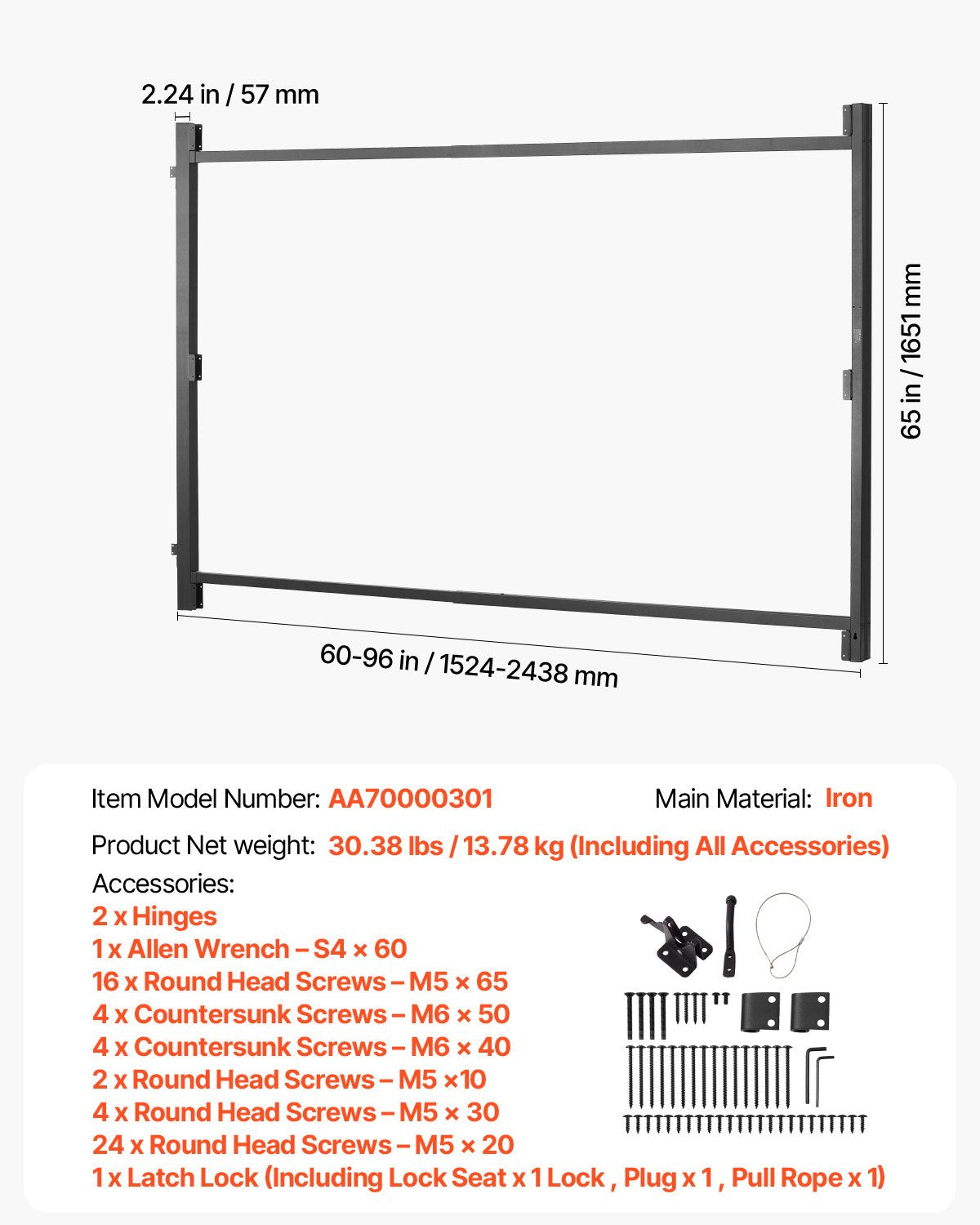 VEVOR Gate Building Kit, Fits 152.4 to 243.8 cm Wide Openings, Up from 182.9 to 213.4 cm High Fence, Adjustable Gate Building Kit, Anti Sag Full Gate Frame Kit with Latch Lock, for Wooden Fence, Iron