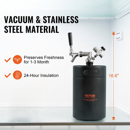 VEVOR Beer Growler Tap System, 5L Mini Keg, 304 Stainless Steel Pressurized Beer Growler, Keg Growler with Pressure Display, CO2 Regulator Faucet, Leak-Proof Ring For Draft, Homebrew, Craft Beer