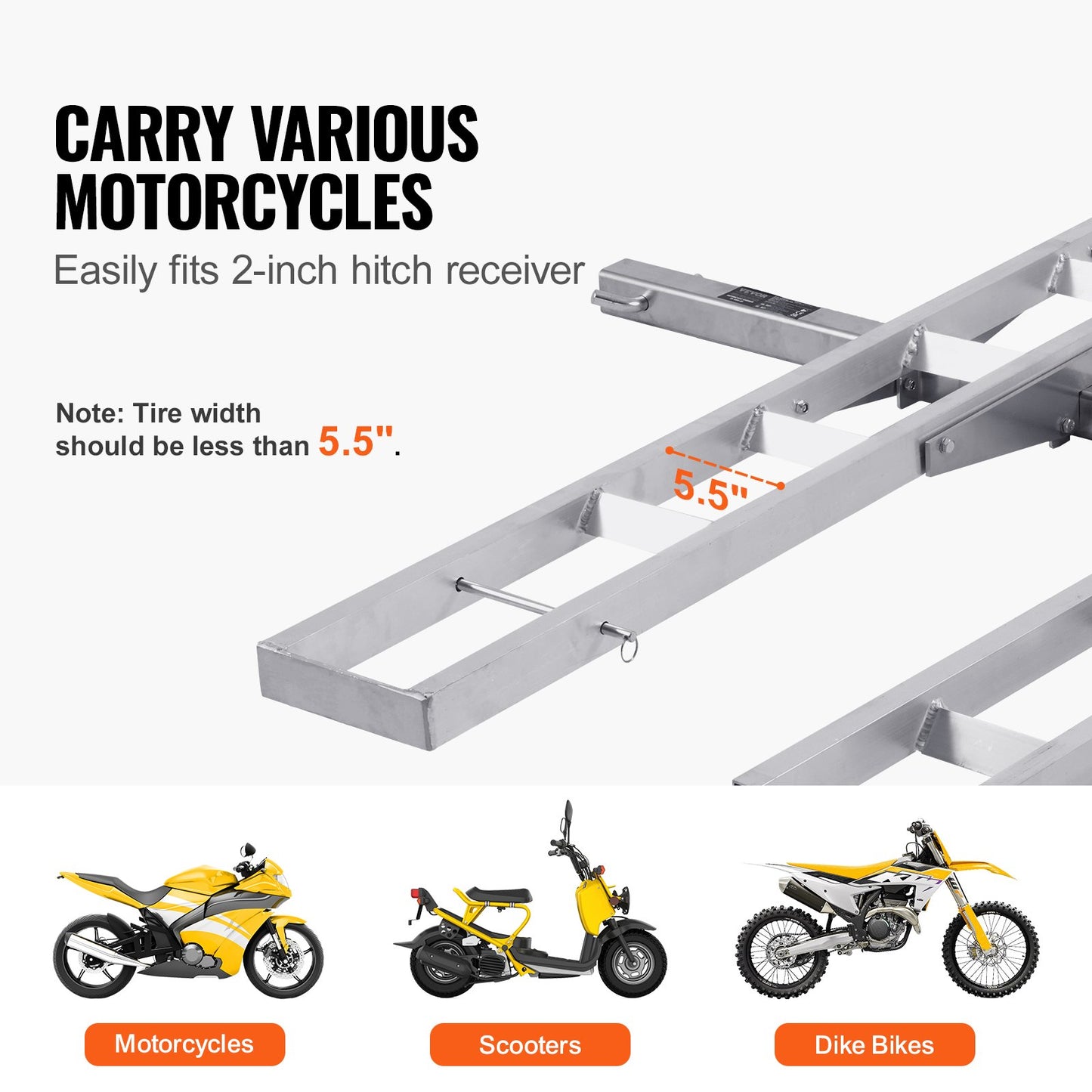 VEVOR Motorcycle Carrier, 2-Bike 272.15KGS Aluminum Motorcycle Carrier Hitch Mount, Loading Ramp, Scooter Dirt Bike Trailer Hauler, Ratchet Straps and Stabilizer, for Car, Truck with 2" Hitch Receiver