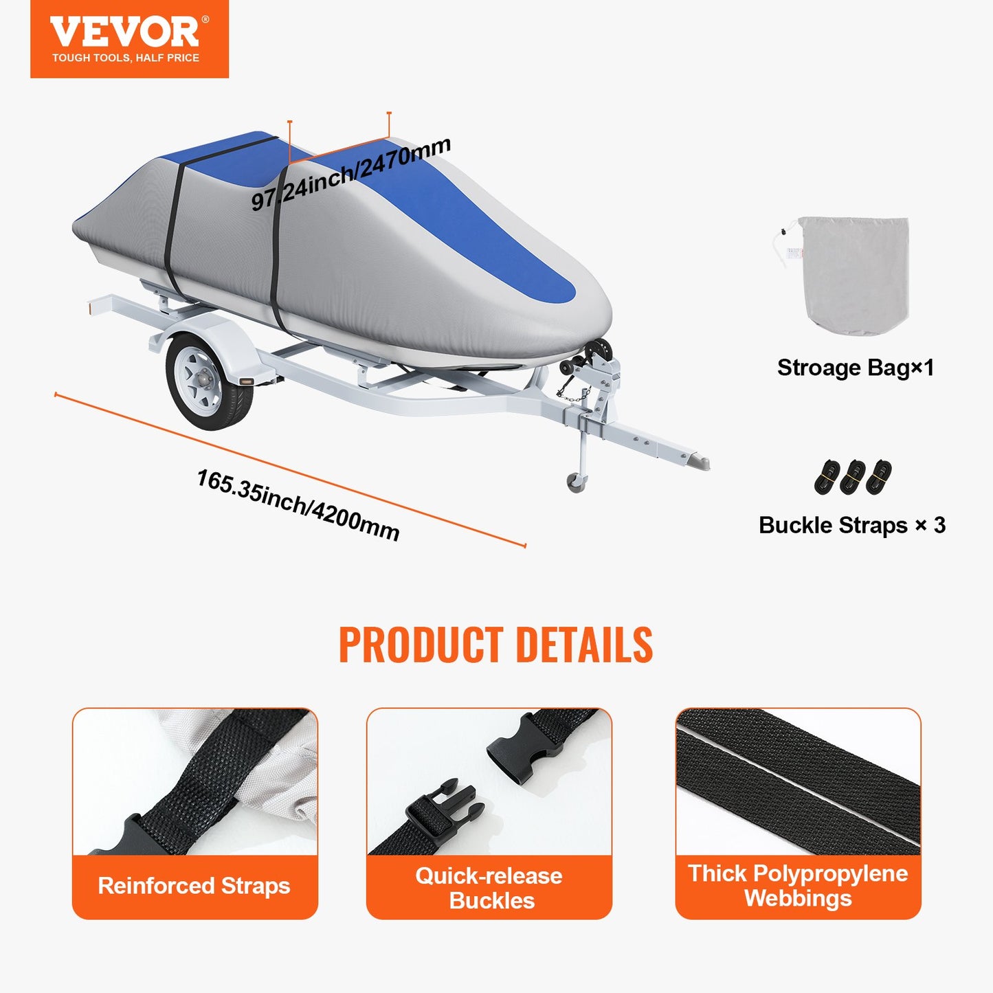 VEVOR Jet Ski Cover 320-342 cm Trailerable Waterproof PWC Cover, Heavy-duty 600D Marine Grade PU Oxford Fabric, UV Resistant Seadoo Cover with Buckle Straps, Personal Watercraft Covers, Grey+Blue