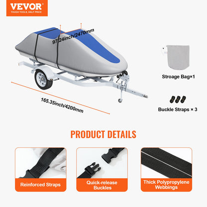 VEVOR Jet Ski Cover 320-342 cm Trailerable Waterproof PWC Cover, Heavy-duty 600D Marine Grade PU Oxford Fabric, UV Resistant Seadoo Cover with Buckle Straps, Personal Watercraft Covers, Grey+Blue