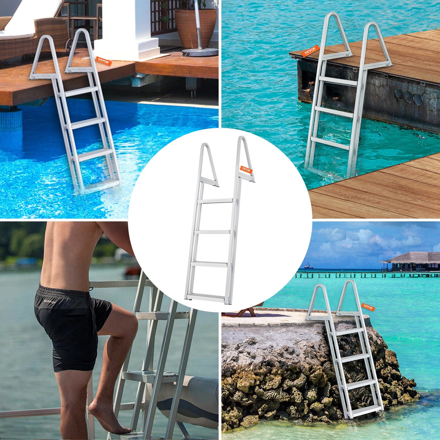 VEVOR Dock Ladder, Removable 4 Steps, 350 lbs Load Capacity, Aluminum Alloy Pontoon Boat Ladder with 4'' Wide Step & Nonslip Mat, Easy to Install for Ship/Lake/Pool/Marine Boarding