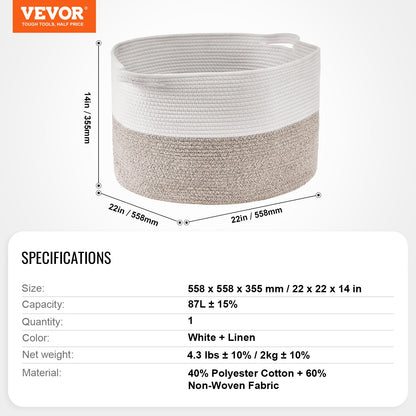 VEVOR Cotton Rope Storage Basket 87L Woven Blanket Basket 20 x 20 x 14 in