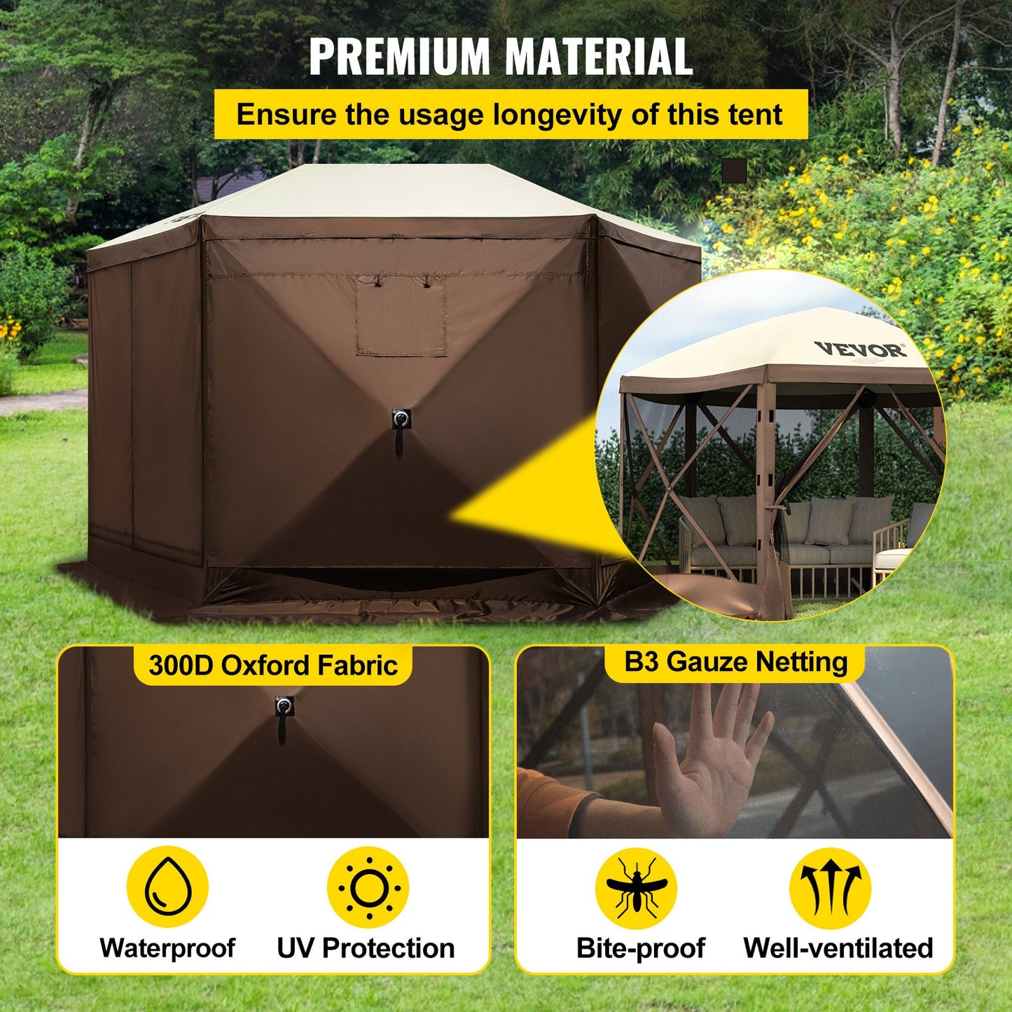Pop-up Camping Gazebo Camping Canopy Shelter 6 Sided 10' x 10' Sun Shade