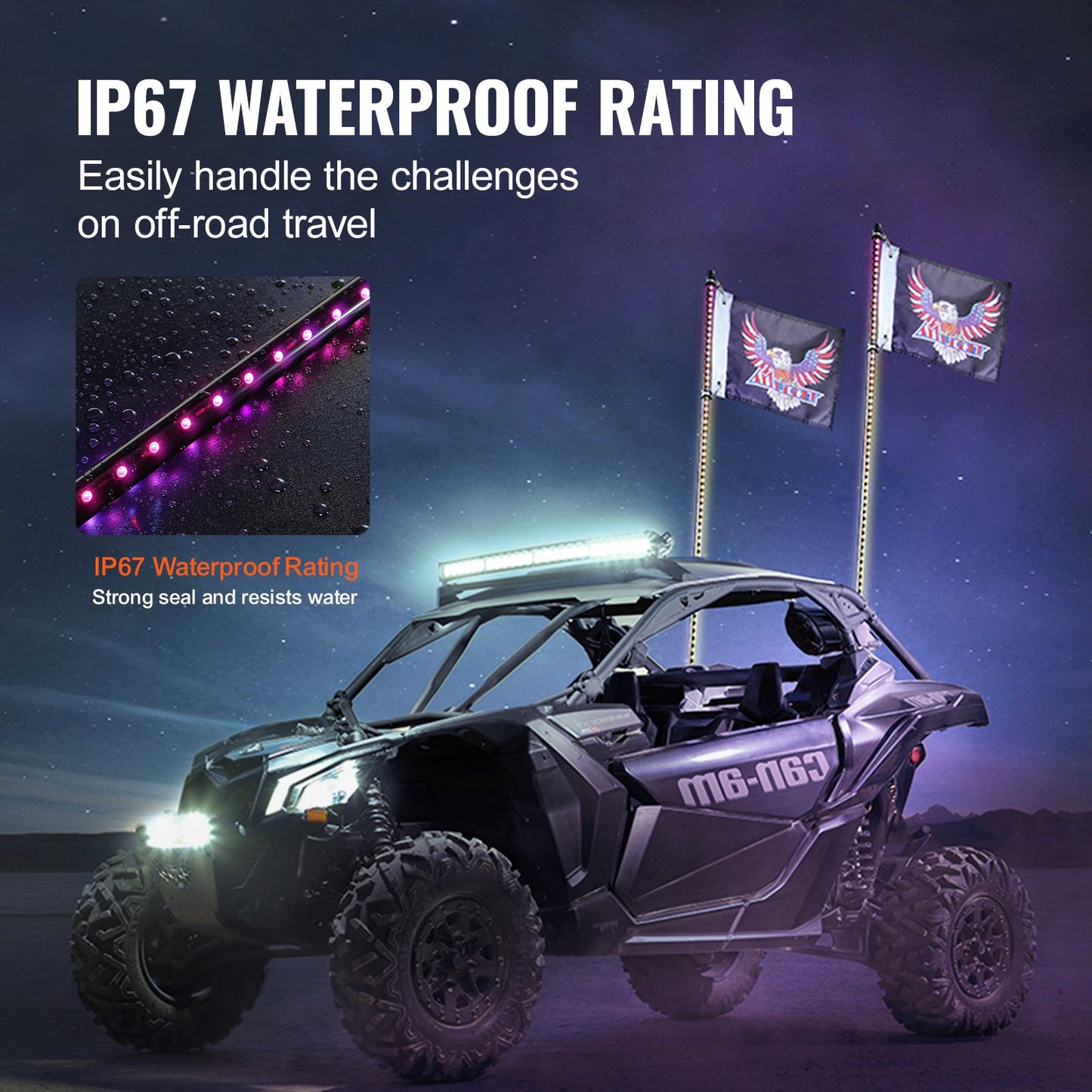 VEVOR 2 PCS 3 FT Whip Light, APP & RF Remote Control Led Whip Light, Waterproof RGB Chasing Lighted Whips with 4 Flags, for UTVs, ATVs, Motorcycles, RZR, Can-am, Trucks, Off-road, Go-karts