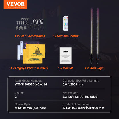 VEVOR 2 PCS 3 FT Whip Light, APP & RF Remote Control Led Whip Light, Waterproof RGB Chasing Lighted Whips with 4 Flags, for UTVs, ATVs, Motorcycles, RZR, Can-am, Trucks, Off-road, Go-karts