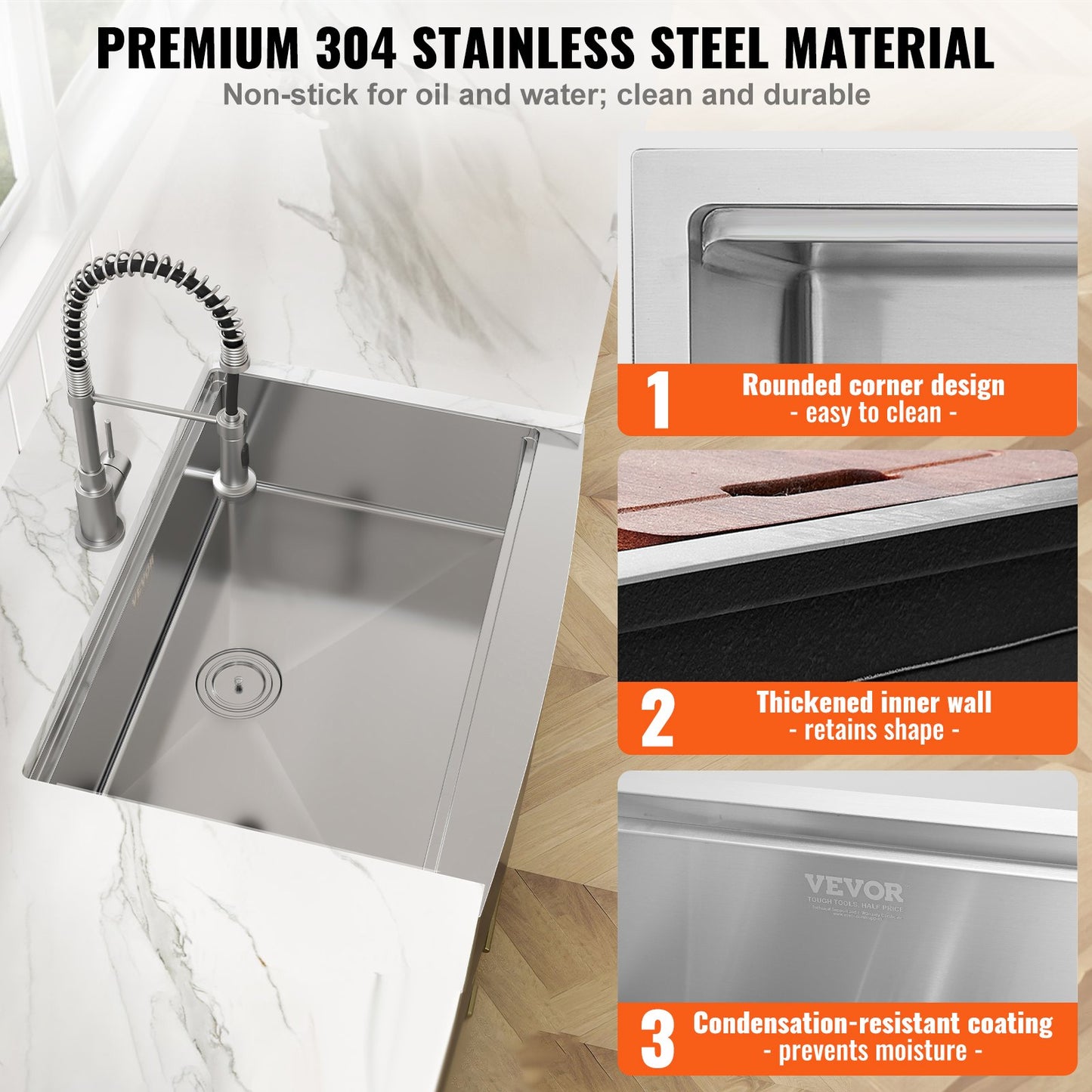 VEVOR Farmhouse Kitchen Sink, 304 Stainless Steel Drop-In Sinks, Top Mount Single Bowl Basin with Ledge & Accessories, Household Dishwasher Sinks for Workstation, Prep Kitchen, and Bar Sink, 30 inch