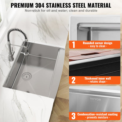 VEVOR Farmhouse Kitchen Sink, 304 Stainless Steel Drop-In Sinks, Top Mount Single Bowl Basin with Ledge & Accessories, Household Dishwasher Sinks for Workstation, Prep Kitchen, and Bar Sink, 36 inch