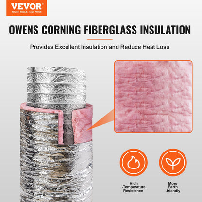 VEVOR Dryer Vent Hose, 152.4MM Insulated Flexible Duct 7.62M Long with 2 Duct Clamps, Heavy-Duty Three Layer Protection for HVAC Heating Cooling Ventilation and Exhaust, R-6.0 Flame Resistance Value