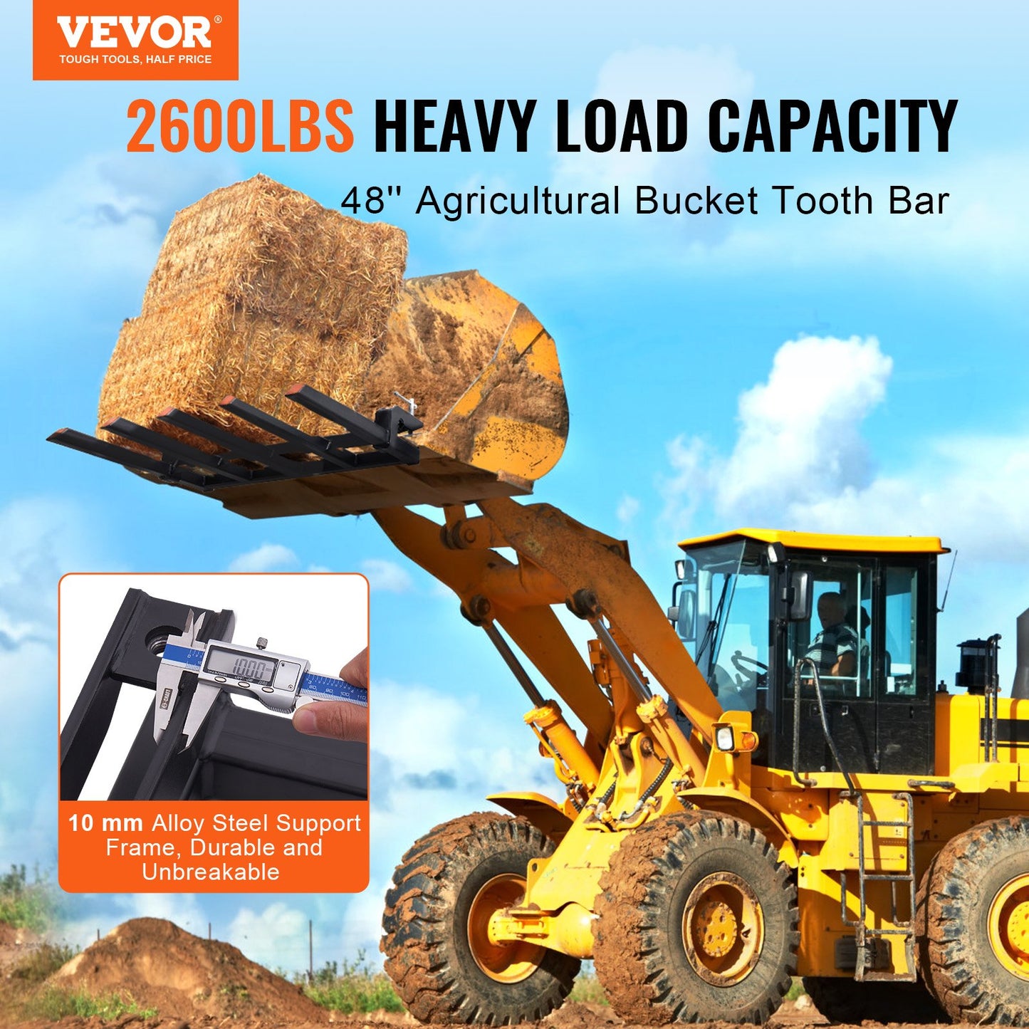 VEVOR Clamp on Debris Forks to 1200 mm Bucket, 1200 kg Capacity Heavy Duty Clamp on Pallet Forks Attachments, Fit for Loader Bucket Skidsteer Tractor to Clean up Fallen Limbs Debris or Yard Wwaste