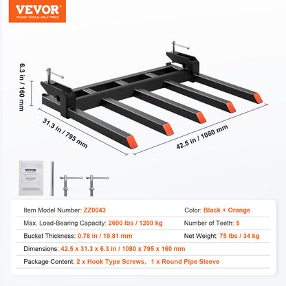 VEVOR Clamp on Debris Forks to 1200 mm Bucket, 1200 kg Capacity Heavy Duty Clamp on Pallet Forks Attachments, Fit for Loader Bucket Skidsteer Tractor to Clean up Fallen Limbs Debris or Yard Wwaste