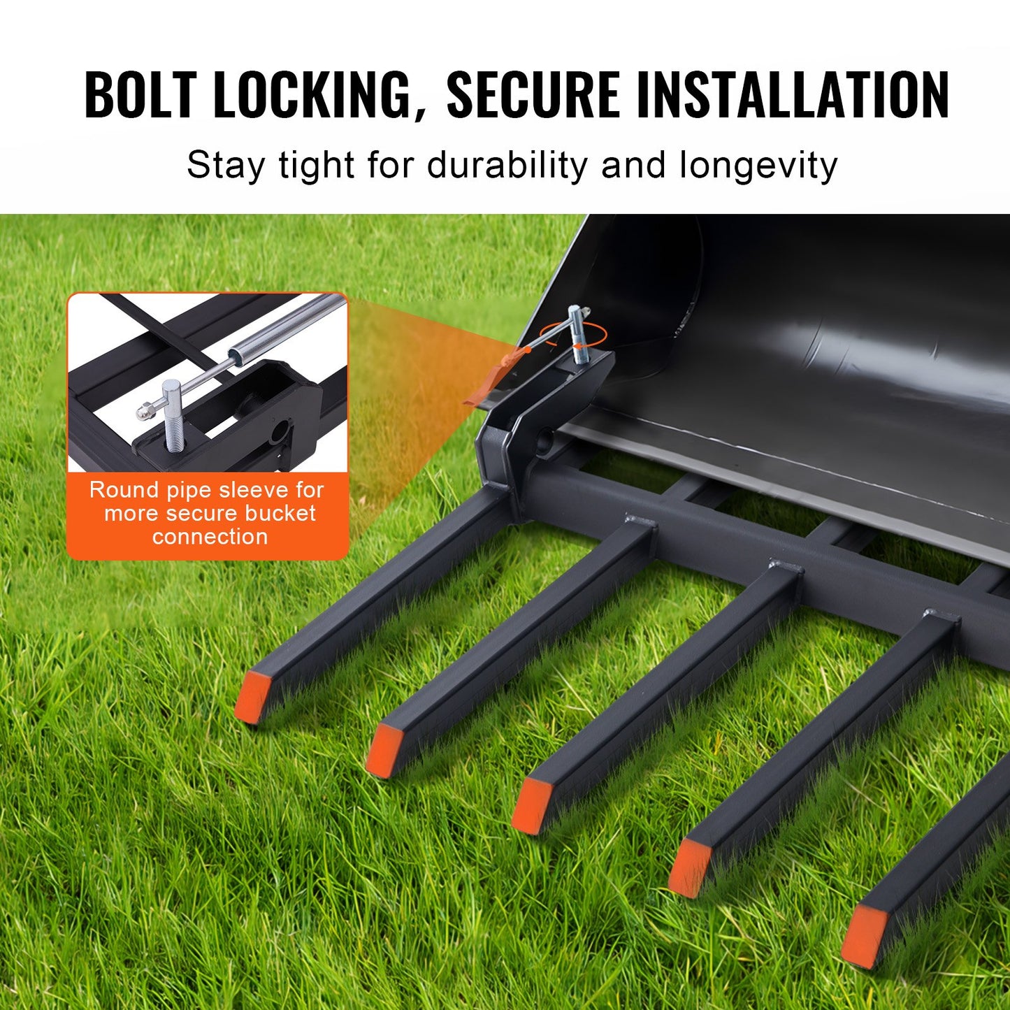 VEVOR Clamp on Debris Forks to 1500 mm Bucket, 2000 kg Capacity Heavy Duty Clamp on Pallet Forks Bucket, Fit for Loader Bucket Skidsteer Tractor to Clean up Fallen Limbs Debris or Yard Wwaste