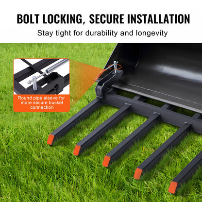 VEVOR Clamp on Debris Forks to 1500 mm Bucket, 2000 kg Capacity Heavy Duty Clamp on Pallet Forks Bucket, Fit for Loader Bucket Skidsteer Tractor to Clean up Fallen Limbs Debris or Yard Wwaste