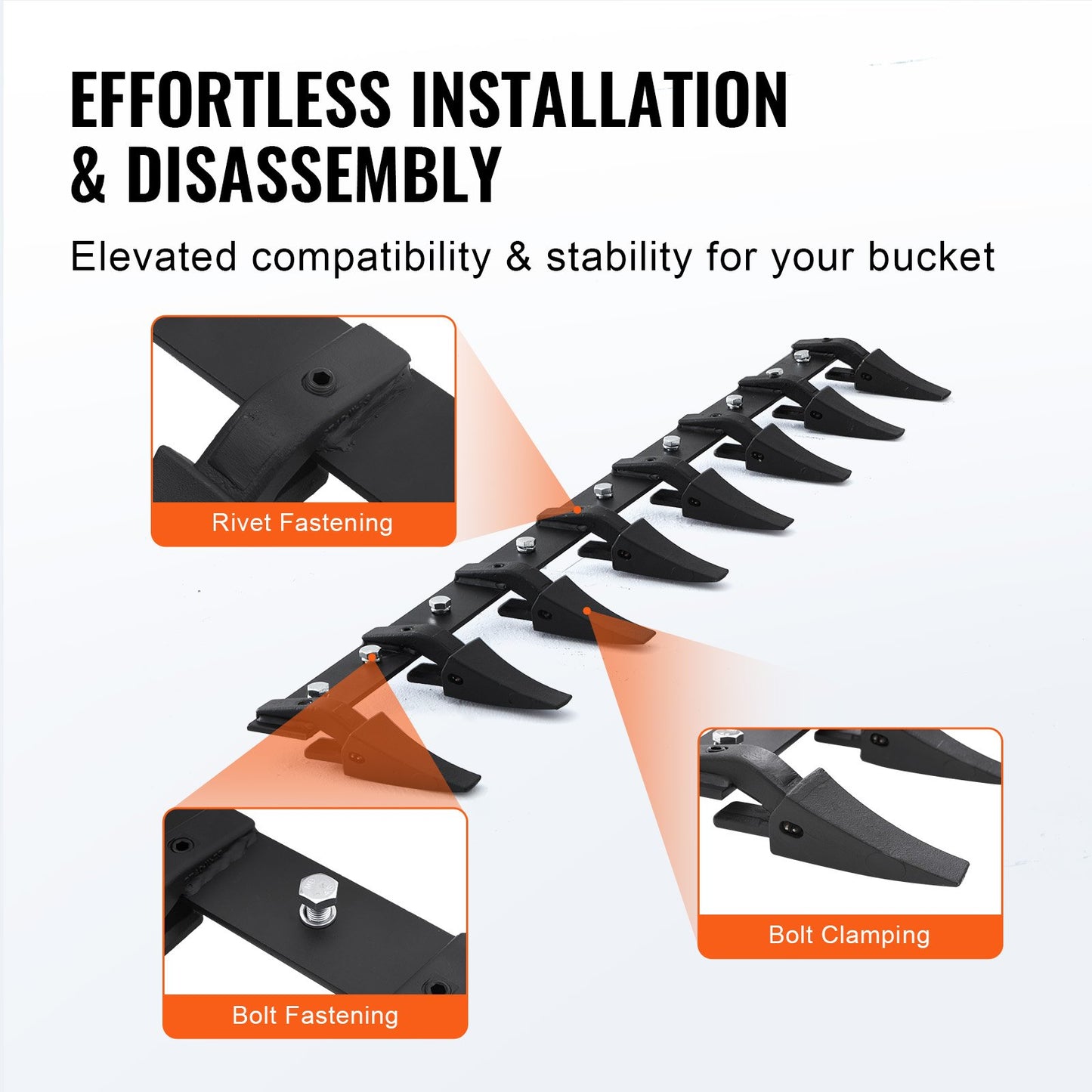 VEVOR Bucket Tooth Bar, 1650mm, Heavy Duty Tractor Bucket 8 Teeth Bar for Loader Tractor Skidsteer, 2000 kg Load-Bearing Capacity Bolt On Design, for Efficient Soil Excavation and Bucket Protection
