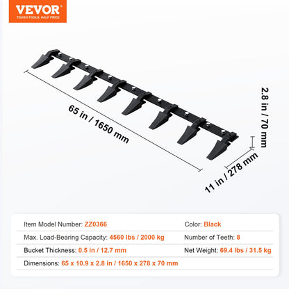 VEVOR Bucket Tooth Bar, 1650mm, Heavy Duty Tractor Bucket 8 Teeth Bar for Loader Tractor Skidsteer, 2000 kg Load-Bearing Capacity Bolt On Design, for Efficient Soil Excavation and Bucket Protection