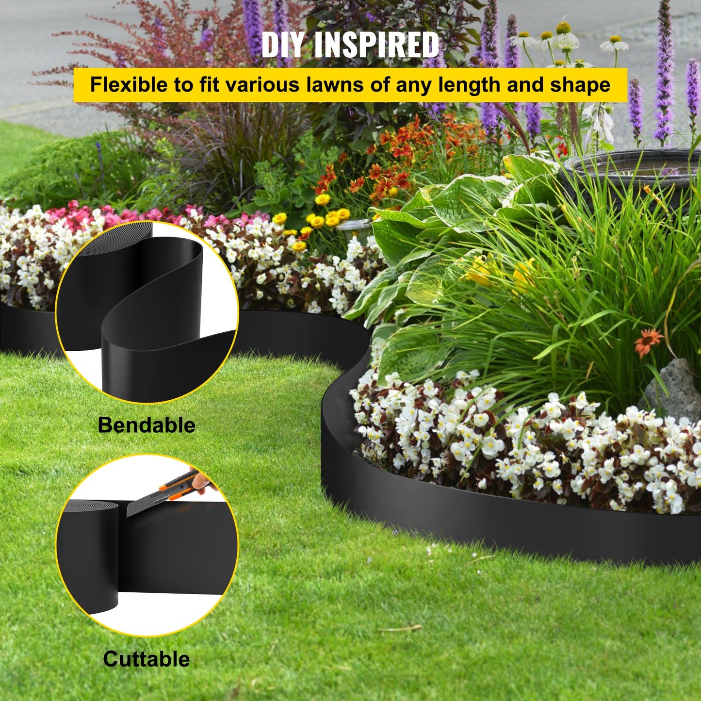 Landscape Edging, 25.4cm Depth 91.44m Total Length, Recycled HDPE Coiled Terrace Board, Flexible Bender Border for Landscaping, Lawn, Garden, Yard, Against Invading Weeds, Black