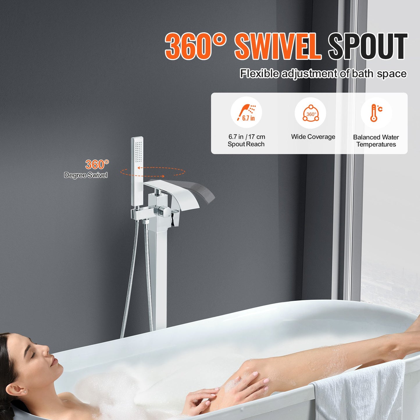 VEVOR Freestanding Bathtub Faucet, Floor Mount, Freestanding Tub Filler, Shower Mixer Taps, Two Water Modes, 360° Swivel Spout, for Bathing & Showering Pet Bathing Cleaning Drains Toilet Flushing