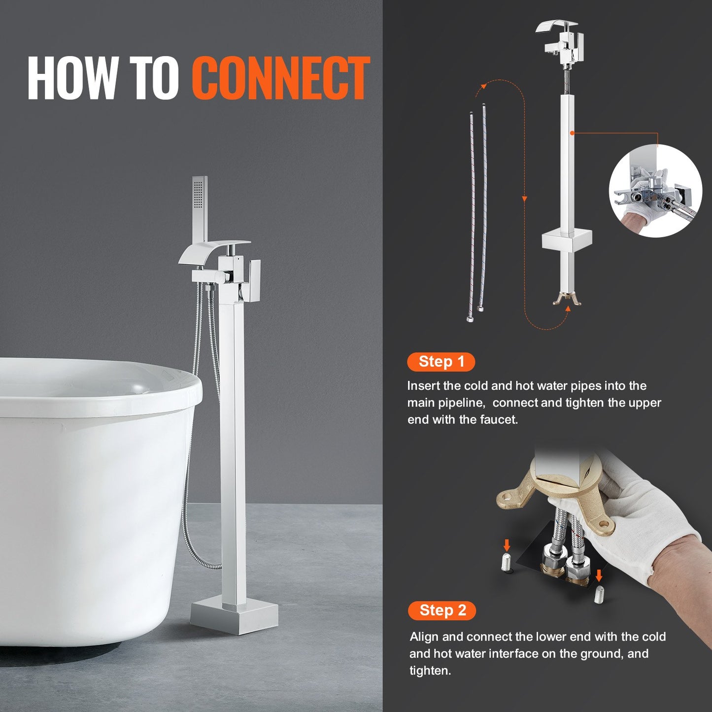 VEVOR Freestanding Bathtub Faucet, Floor Mount, Freestanding Tub Filler, Shower Mixer Taps, Two Water Modes, 360° Swivel Spout, for Bathing & Showering Pet Bathing Cleaning Drains Toilet Flushing