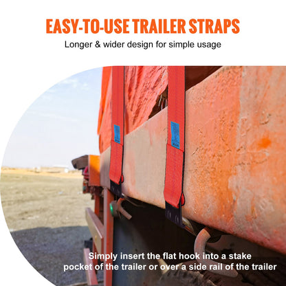 VEVOR Winch Straps, 10.2 cm x 9.1 m, 2.7T Load Capacity, 8.2T Breaking Strength, Truck Straps with Flat Hook, Flatbed Tie Downs Cargo Control for Trailers, Farms, Rescues, Tree Saver, Red (10 Pack)