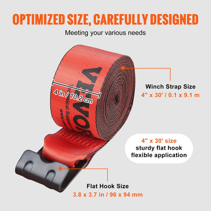 VEVOR Winch Straps, 10.2 cm x 9.1 m, 2.7T Load Capacity, 8.2T Breaking Strength, Truck Straps with Flat Hook, Flatbed Tie Downs Cargo Control for Trailers, Farms, Rescues, Tree Saver, Red (10 Pack)